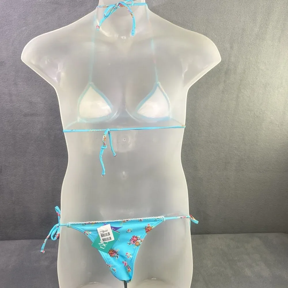AGUA DOCE Brazilian 2-pc Bikini Size Large Blue Flowers Lace Trim Hip Tie